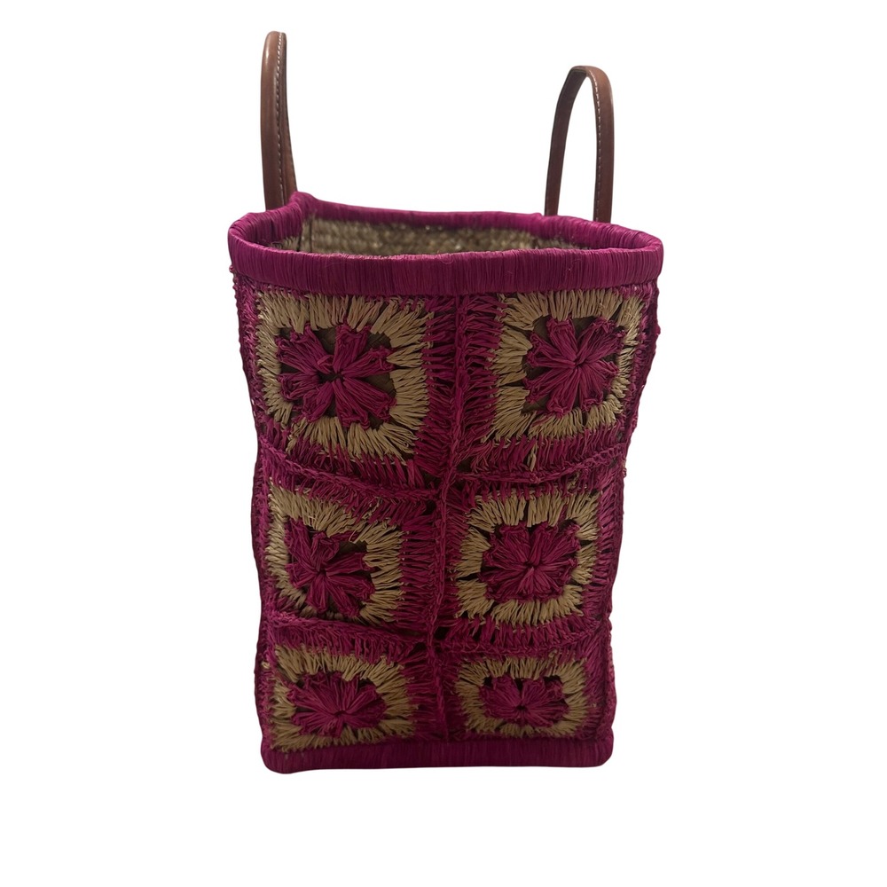 Le Comptoir de la Plage Pink Raffia Floral Crochet Leather Handle Tote Bag L - Picture 5 of 10